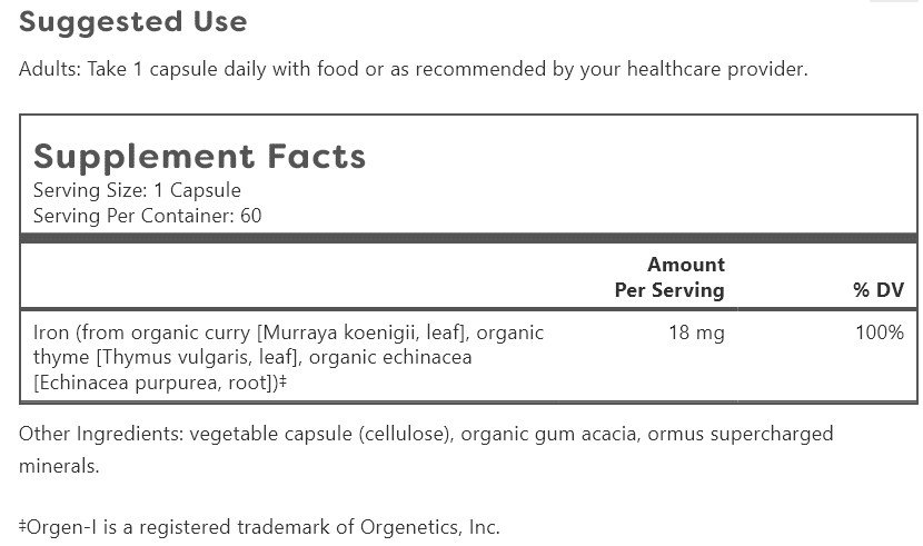 Plant-Based Iron Supplement Facts